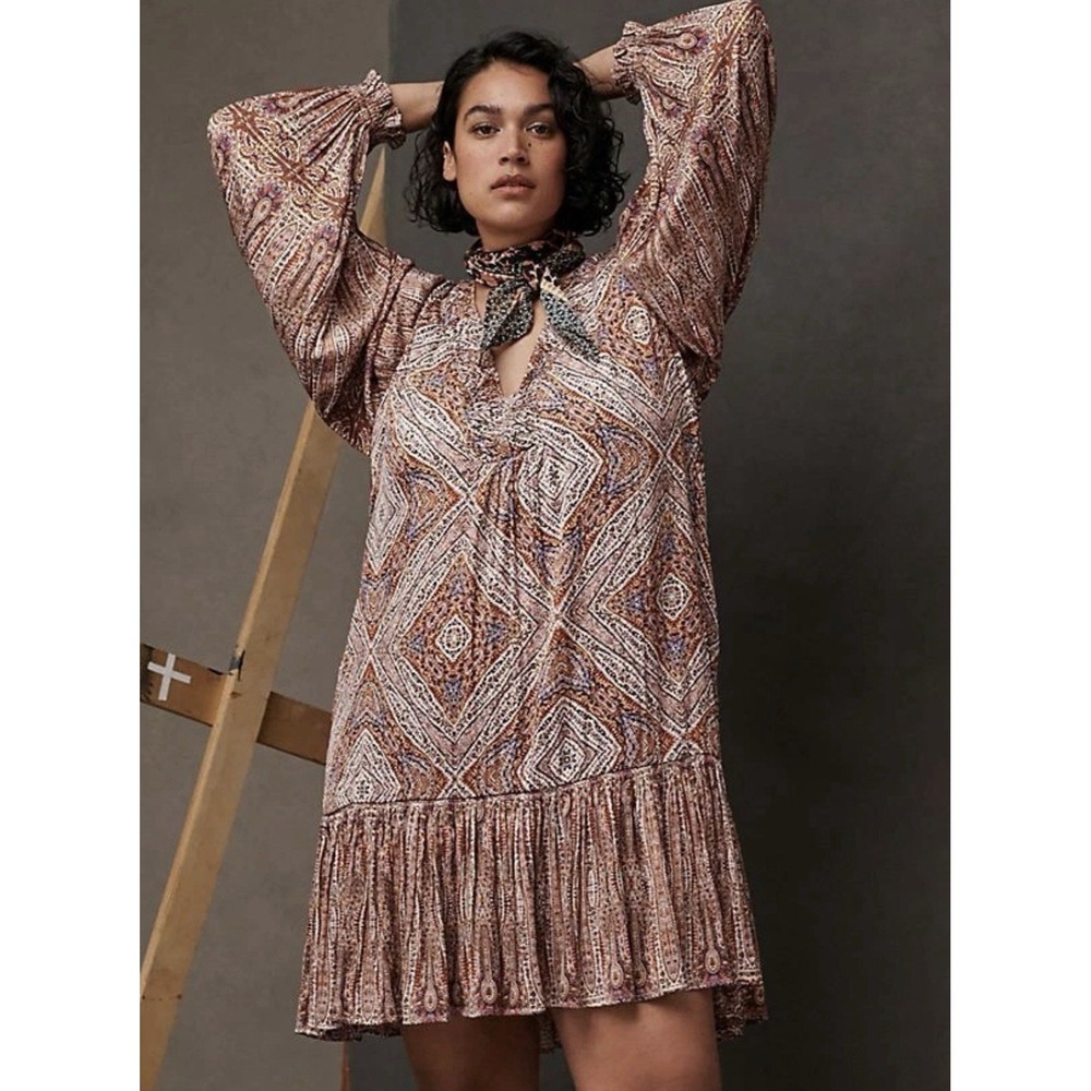 Anthropologie Sabia Flounced Tunic Dress Small Brown Multi V Neck Pockets Lined - Picture 8 of 16